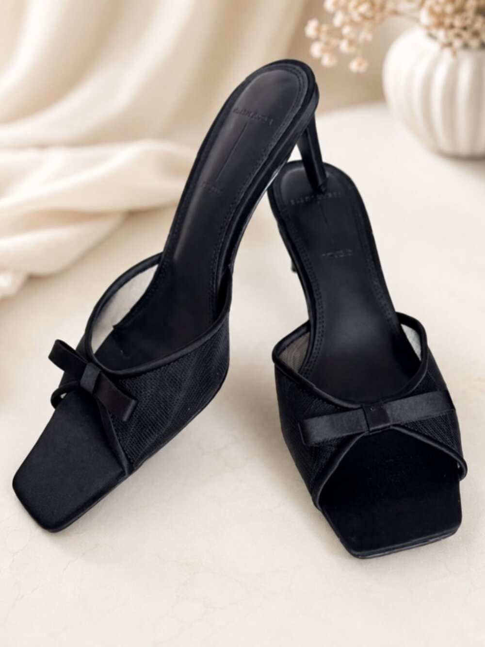 Black Suede Studio Milena Black Satin Mesh Bow Mule Heels NIB Size 8 Luxury